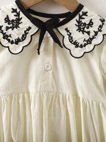 女婴刺绣领短袖连体衣，宽松休闲款，适合夏季外出、聚会、度假穿着 - 米色 - 查看 4