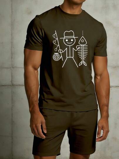 Men's Sleepwear Set, Solid Color Round Neck Simple Printed Design Casual Comfortable Short Sleeve Shorts, 2-Piece Pajama Set For Summer