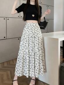 Women's Spring/Summer New High-Waisted Floral Print Midi Skirt, Casual And Elegant Sporty Skirt, Lightweight, Comfortable And Soft, Suitable For Everyday Outings And Parties - 白色 - 查看 5