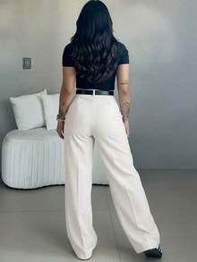 Women's High Waist Wide Leg Pants |   Spring Women's Clothing |   Casual Elegant Office Pants |   Spring Casual Wear |   Solid Color Loose Straight Bottoms |   Spring Apparel |   Women's Casual Wear |   Soft Comfortable Casual Pants |   Women's Casual Wear Matching |   Minimalist Fashionable Workwear |   Casual Suit |   New Year Preparation |   Essential For Spring & Autumn, No Belt Included - 白色 - 查看 3