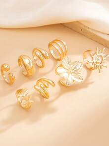 8pcs/Set Vintage Smooth Plain Rings, Bohemian Starfish Personalized Rings, Fashion Rings - Gold - View 5