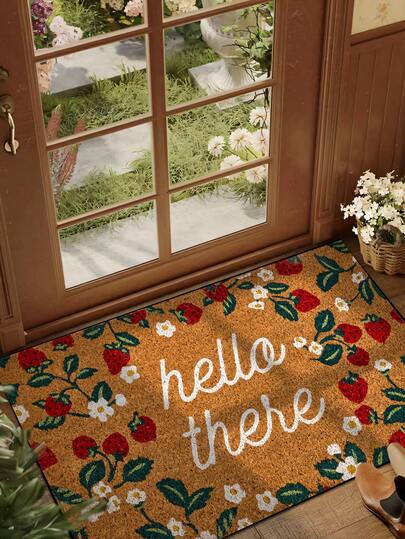 1pc Strawberry Print "Hello There" Doormat, Minimalist Short Plush Quick-Dry Non-Slip Washable Entrance Mat For Kitchen, Bathroom, Dining Room, Hallway, Party, New Year, Suitable For All Seasons