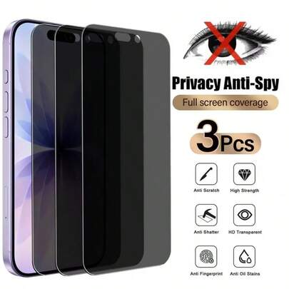 3pcs Anti-Spy Tempered Glass Screen Protector For Apple Devices, Anti-Peeping, Anti-Scratch, Anti-Shock, Anti-Oil Coating, Smooth Touch, Compatible With X/XR/11/12/13/14/15/16 Plus/16 Pro Max/16E/17/17 Air/17 Pro/17 Pro Max