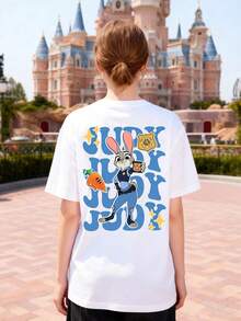 On The Front Of The Disney Women's T-Shirt, The Words Judy Hopps Cartoon, A Zootopia Officer, Are Printed With A Reversible Design. Made Of Soft, Comfortable And Durable 100% Cotton Fabric. This Spring And Summer Women's T-Shirt Is Very Suitable For Daily Wear, Shopping, Parties, Travel And Gatherings, And It Is Also An Excellent Gift. - White - View 3