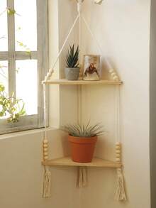 1pc Beige Bohemian Style Triangle Corner Hanging Wall Shelf, Layered Floating Display Rack, Rustic Minimalist Design With Tassel Details, Space-Saving Storage Organizer Suitable For Living Room, Bedroom, Bathroom, Kitchen, Apartment, Dorm, Plant Display, Bookshelf, Home Decor - Beige - View 12