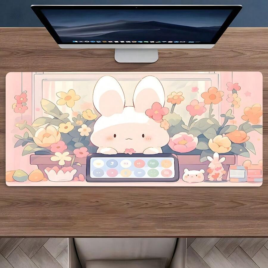 YUFZX Large Extended Pink Rabbit & Floral Pattern Mouse Pad, Non-Slip Rubber Base With Stitched Edges, Cute Aesthetic Art Style Desk Mat, Durable Computer Accessory For Home Office And Gaming, Ideal Gift For Gamers And Cute-Loving Teenage Girls - View 1