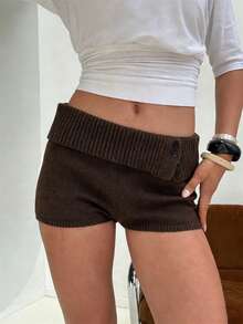 Women's Fold Over Waist Knitted Shorts Y2k Low Waist Striped Print Color Block Slim Fit Hot Pants Party Clubwear Going Out Sweater Shorts Loungewear Bottoms Stretchy Yoga Shorts Summer Casual Active Jogger Sweatshorts - 摩卡棕 - 查看 3