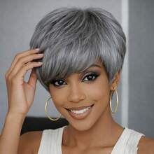 100%真人发假发 - 自然逼真，无需胶水，玫瑰网帽，150%密度分层直发精灵短发，带刘海，适合日常、角色扮演、派对、节日等场合，优雅女士假发 - SGray - 查看 5