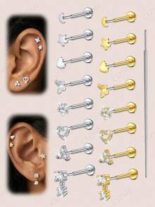 CIZME 20G 2 piezas Pendientes de botón con parte posterior plana con taper de acero inoxidable plateado y dorado, sin rosca, para perforación de nariz, anillos, corazón, estrella, mariposa, pendientes colgantes con CZ para tragus, cartílago, hélix, concha, labio, fosa nasal, Medusa, joyería de perforación para mujer y hombre - Dorado y plateado - Ver 1