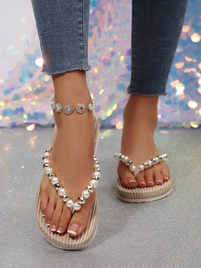 女士夏季透气凉鞋，珍珠装饰人字拖，女士编织底凉鞋，沙滩度假风凉鞋，舒适女鞋，易穿脱凉鞋/拖鞋，女士凉鞋，女士拖鞋，休闲人字拖，时尚拖鞋