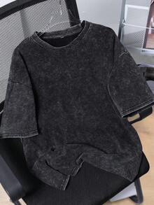 Men's Street Hip-Hop Style Graphic T-Shirt, Slightly Stretchy Distressed Finish Cotton Blend Black Round Neck Short Sleeve Casual Tee - Black - View 2