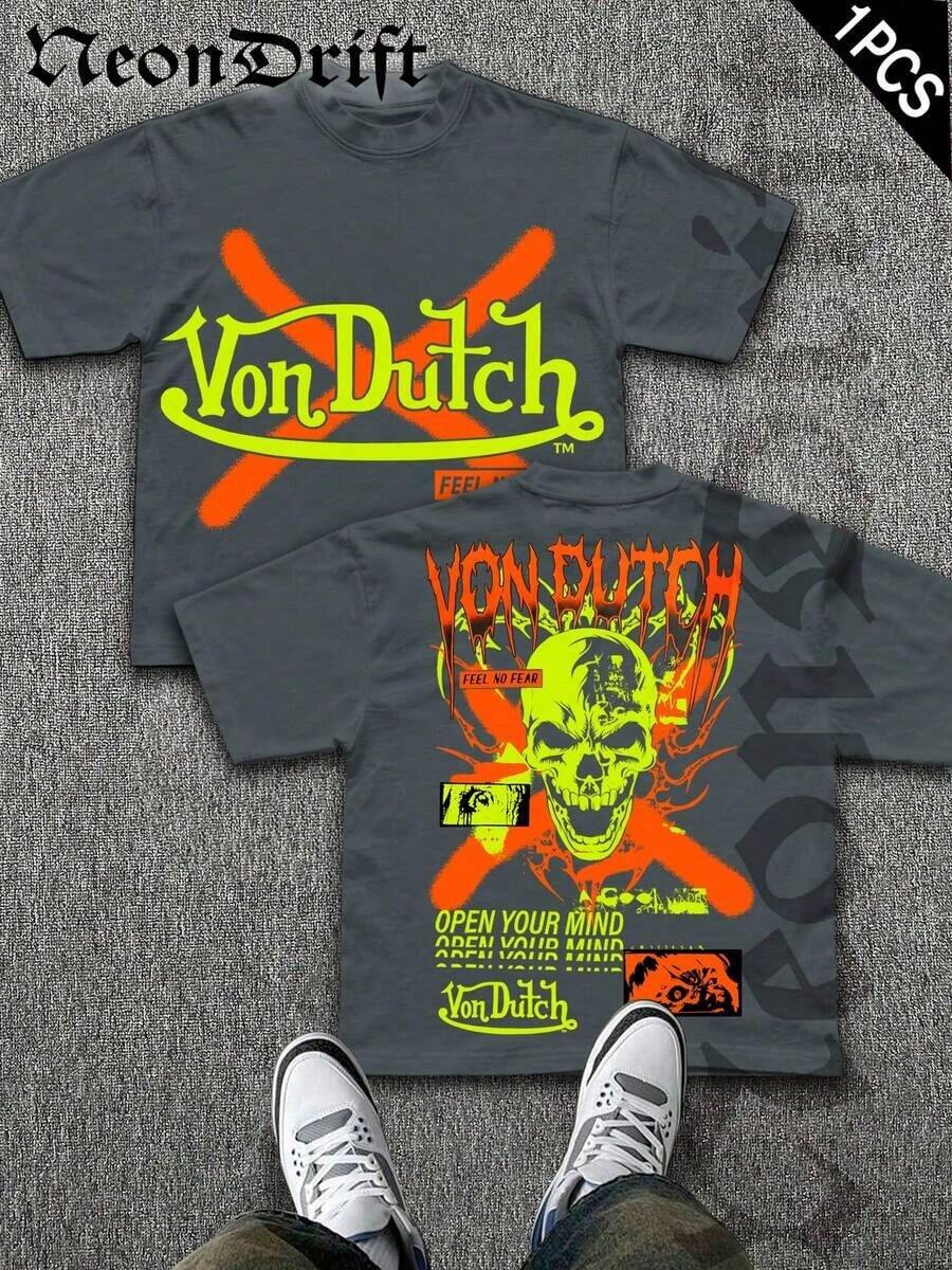 SummerNeonDrift Street Double-Sided Printing Cotton T-Shirt 100% Cotton Fabric Unisex Style-Men T Shirt Skull Graphic Print Neon Yellow Orange Cross Design Streetwear Fashion Casual Wear For Urban Style Fans Hip Hop Look Breathable 100 Cotton Comfortable FitLoose And Comfortablesummer Clothes - Dark Grey - View 1