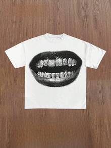 White T - Shirt With Large Black & White Open Mouth Graphic, Teeth Grill (Sparkling Diamonds) & Simple Lower Teeth - Bold Edgy Design, Casual Crew Neck Cotton T - Shirt, Breathable Summer Tee For  Streetwear Enthusiasts - 白色 - 查看 1