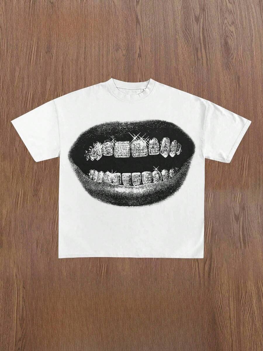 White T - Shirt With Large Black & White Open Mouth Graphic, Teeth Grill (Sparkling Diamonds) & Simple Lower Teeth - Bold Edgy Design, Casual Crew Neck Cotton T - Shirt, Breathable Summer Tee For  Streetwear Enthusiasts - 白色 - 查看 1