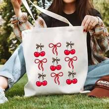 帆布手提包，樱桃蝴蝶结设计，时尚休闲手提包，适合日常使用，可机洗，耐用帆布材质 - 彩色 - 查看 14