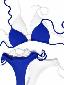 Set Of 2 Triangle Bikini Tops With Padded Cups And Double String Semi-Thong With Knot Detail For Beach And Vacation - 白色和藍色 - 查看 2