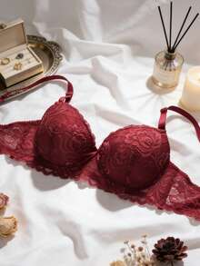 一套两件装欧美风女士内衣套装，包括一件带不可拆卸衬垫罩杯的超细纤维蕾丝文胸和一条配套的低腰内裤 - 酒紅色 - 查看 5