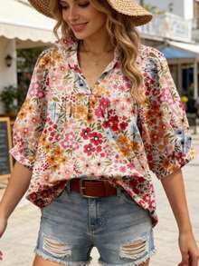 Camisa casual holgada con cuello alto, volantes y estampado floral pequeño para mujer, ideal para vacaciones y uso diario - Multicolor - Ver 10