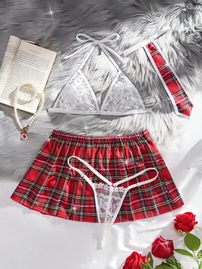 Regalo sorpresa del Día de San Valentín, conjunto de lencería sexy de uniforme escolar nuevo, sujetador transparente de encaje, tanga sexy, minifalda a cuadros rojos de 4 piezas, disfraz sexy de uniforme de rol para mujer, atuendo de fiesta para mujer