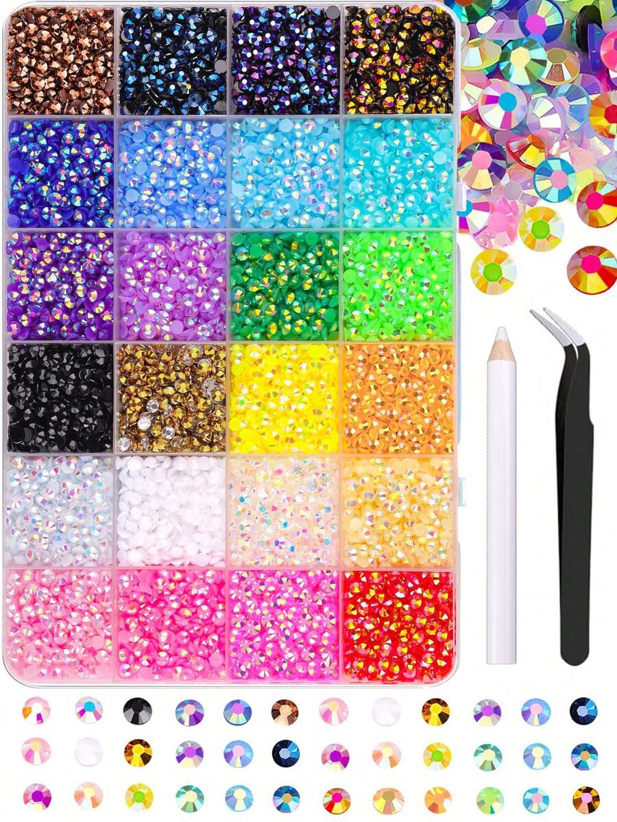 24色树脂水晶钻石装饰套装,3毫米/4毫米/5毫米多色扁平宝石,适用于钻石画、美甲、工艺品、书籍、化妆等,包含镊子和点钻笔 - 彩色 - 查看 1