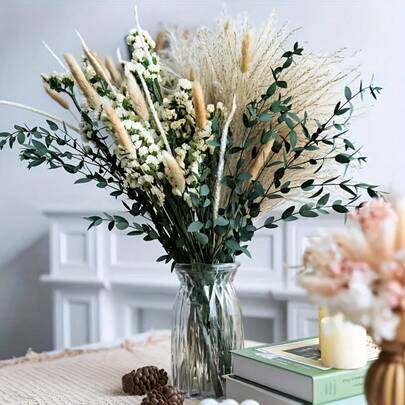 60pcs Bohemian Style Pampas Grass & Bunny Tail Grass Bouquet, Green Eucalyptus Leaves, Dried Flower Arrangement, Events, Parties, Weddings, Farmhouses, Outdoor Gardens, Home Decor (Vase Not Included)