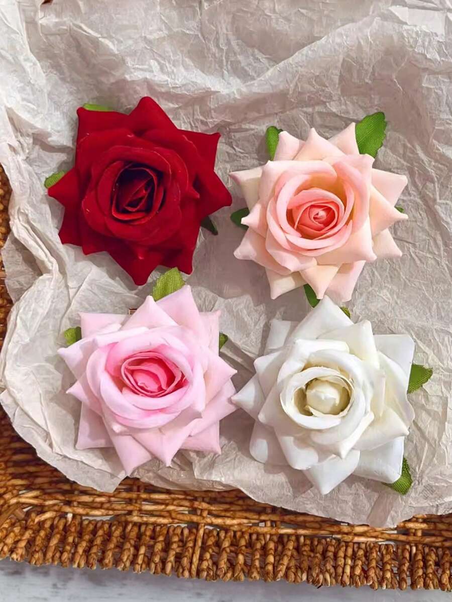 4pcs Bohemian White, Red, Pink, Orange-Pink Rose Flower Hair Clips, Luxury Retro Floral Hair Accessories, Elegant, Minimalist, Versatile For Daily, Casual, Party, Work, Vacation, Skincare, Makeup, Outfit Matching, Valentine's Day Gift,Summer,Holiday,Travel, Head Accessories,Festival,Birthday - Multicolor - View 1