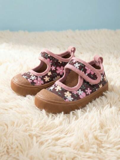 1 Pair Toddler Girls Floral Print Canvas Lightweight Round Toe Low Top Hook & Loop Flat Sweet Sneakers For Daily Spring Wear