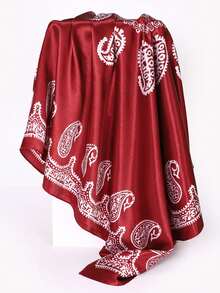 1条90*90厘米波西米亚风印花缎面围巾，专业方形头巾，新款优雅印花女士围巾披肩，透气百搭，适合海滩、街头、日常、度假、商务场合。 - 酒紅色 - 查看 3