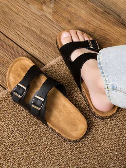 Unisex Soft Bottom One-Strap Double Buckle Slide Sandals, Thick Sole Outdoor Beach Slippers For Summer