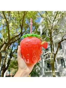 1个可爱草莓造型带盖吸管水杯 - 可爱便携，适合派对和外出饮用，可装奶茶和水果 - 彩色 - 查看 3