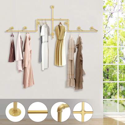 Industrial Pipe Clothing Rack, Wall Mounted Garment Hanging Bar, Iron Commercial Clothes Hanger, Garment Display Rack For Retail, Black/Gold
