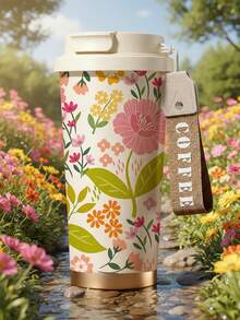 1pc/18oz Floral Insulated Coffee Mug With Handle, 24hrs Ice/12hrs Hot Leak-Proof Thermal Tumbler, Cream Color Travel Cup Suitable For Office, Commute And Outdoor Picnic, Great Gift For Women, Ladies And Students - Multicolor - View 1