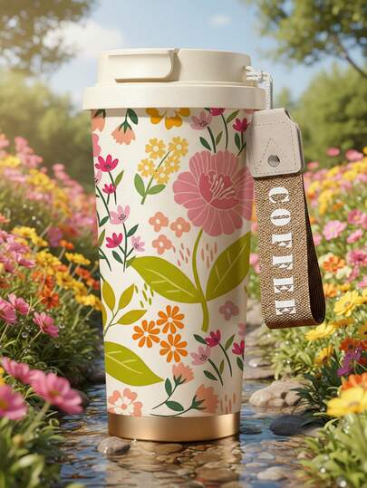 1pc/18oz Floral Insulated Coffee Cup With Carrying Strap, 24H Cold/12H Hot Leakproof Thermal Mug, Cream Travel Tumbler For Office, Commuting & Outdoor Picnic, Ideal Gift For Her, Women & Students