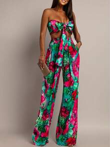 Women's Tropical Floral Print Strapless 2 Piece Outfit Crop Top & Wide Leg Pants - Hot Pink - View 3