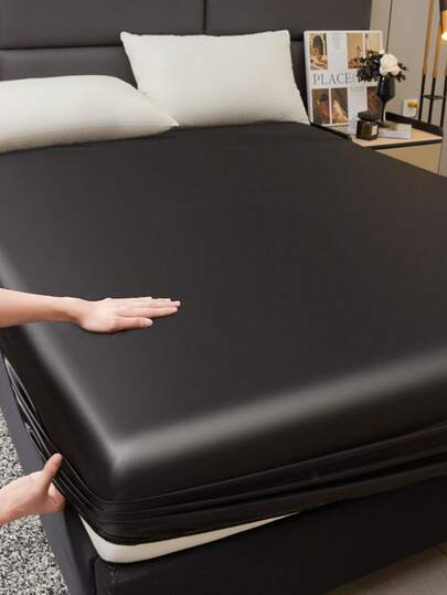 黑色缎面床笠（不含填充物），适用于双人床/单人床，亲肤柔软舒适，四季皆宜，宿舍床上用品，可机洗，适用于卧室和客房