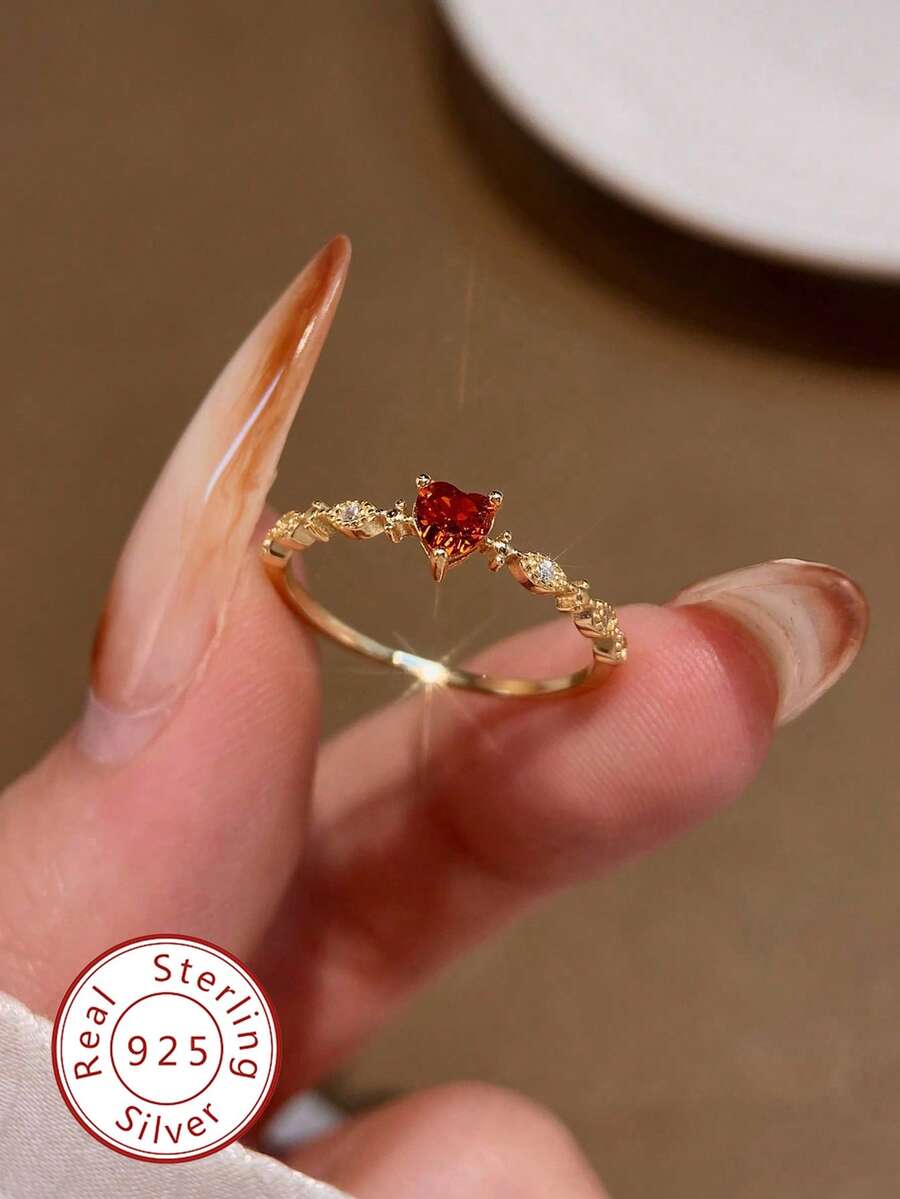 1 pieza Anillo de plata de ley S925 con gema en forma de corazón, casual y lindo, adecuado para uso diario, fiestas, regalo del Día de San Valentín - Dorado - Ver 1