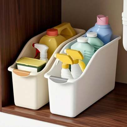 LAISONWARE 2pcs PP Plastic Curved Storage Boxes (White/Cream Yellow) - Space-Saving Cabinet Organizer For Under Sink, Pantry & Kitchen Gaps | Drawer-Style With Dividers For Cleaning Supplies, Snacks & Essentials