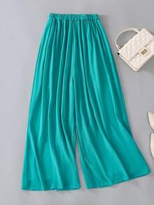 Women's Solid Color Chiffon Casual Loose Elastic Waist Sheer Wide Leg Pants, Suitable For Spring And Summer - Grass Green - View 6