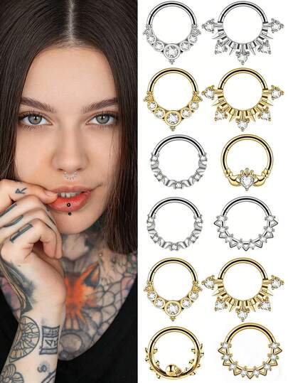 1PC Stainless Steel Skull Vine Septum Clicker Ring Heart Zirconia Nose Ear Tragus Cartilage Daith Helix Piercing Body Jewelry 16G