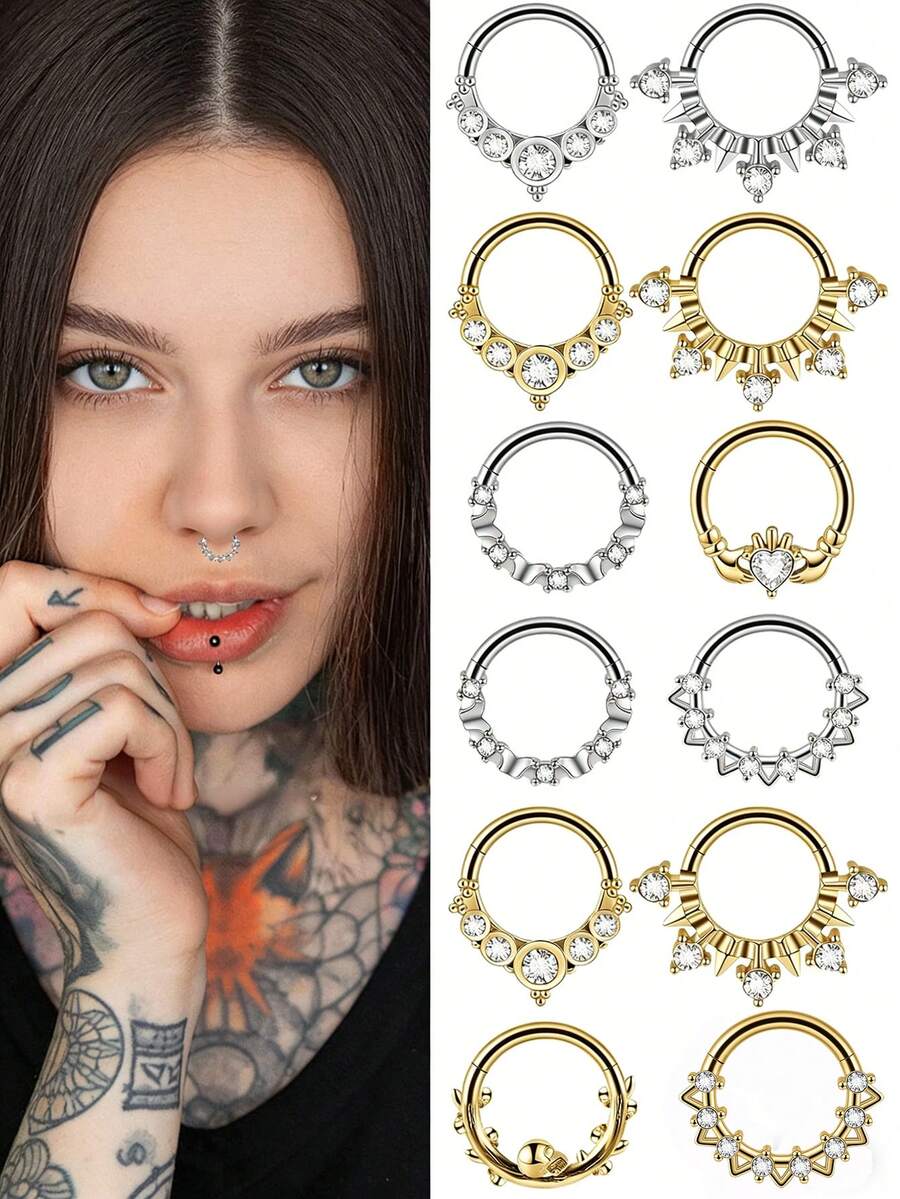 1PC Stainless Steel Skull Vine Septum Clicker Ring Heart Zirconia Nose Ear Tragus Cartilage Daith Helix Piercing Body Jewelry 16G