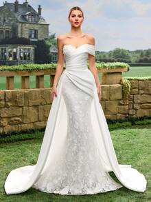 Đầm cưới lệch vai bằng satin, thiết kế xẻ tà ren, dáng suông, phù hợp cho các buổi tiệc trang trọng và đám cưới, váy cưới màu trắng, trang phục cưới tại nhà thờ, váy cưới thân mật mùa xuân - trắng - Xem 3