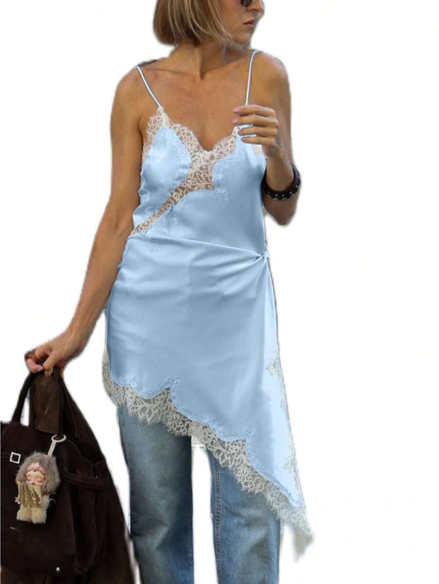 Women Y2k Satin Silk Lace Pachwork Tops Asymmetrical Dress Spaghetti Strap Cami Dress Sleeveless V Neck Open Back Camisole Tops Backless Dress Casual - Azul - Ver 1