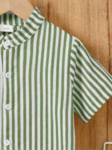 2pcs/Set Boys Striped Mandarin Collar Short Sleeve Shirt And Shorts Set - Dark Green - View 3