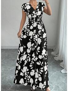 2026 New Short-Sleeve Tie-Front Dress Printed V-Neck Long Dress Summer Waist-Defining Women's Wear - 白底黑花連身裙 - 查看 9