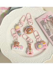 5pcs Pink Music Bear Keychain, Cute Cartoon Bag Pendant, Small Gift For Friends - Pink - View 4