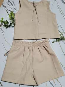 Luna Kids - Conjunto Menina Alfaiataria Laços Blusa e Short Saia Luxo Premium - Bege - Visão 2