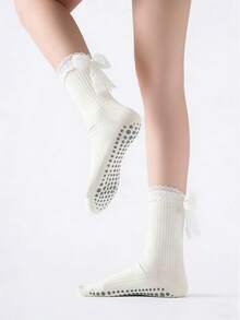 Sweet Cute Lace Trim Non-Slip Grip Socks Women White Crew Socks For Yoga, Pilates & Ballet - Multicolor - View 2