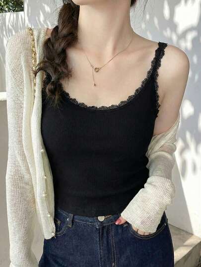女士蕾丝边短款吊带背心，夏季修身无袖打底衫