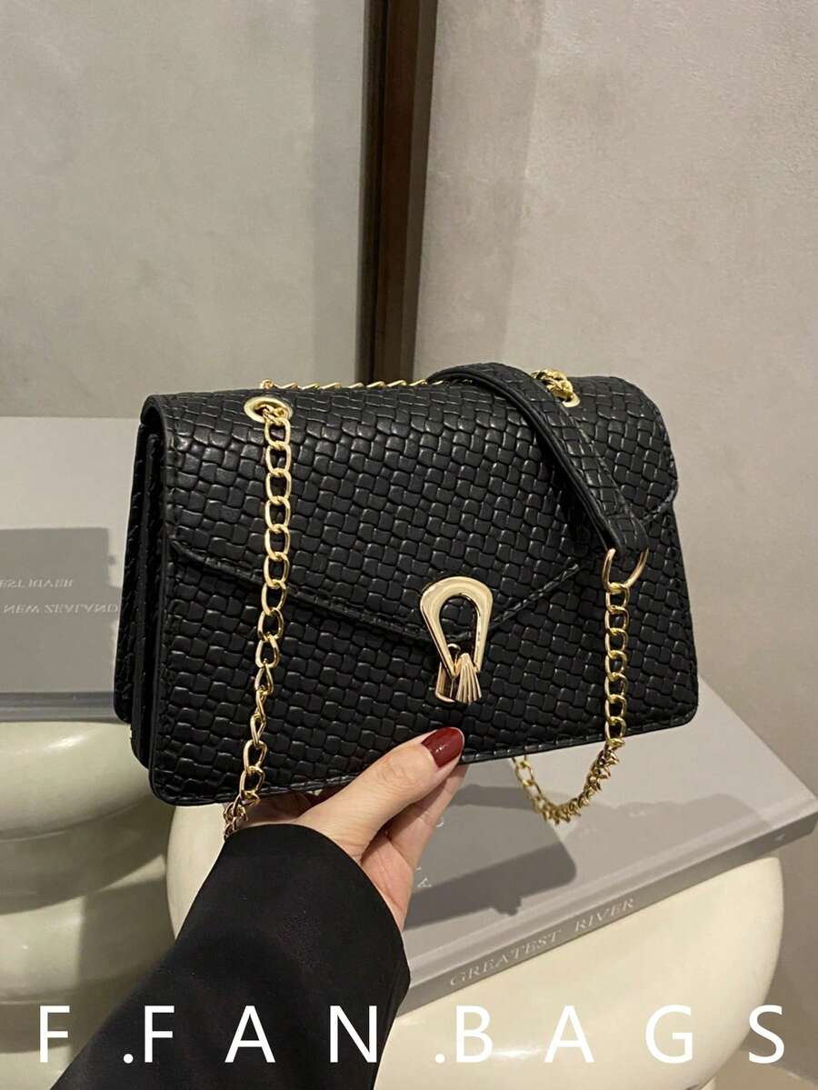 迷你纯色鳄鱼纹压花女士链条单肩包,时尚斜挎包,手提包,女士钱包,送她的礼物 - 黑色 - 查看 1