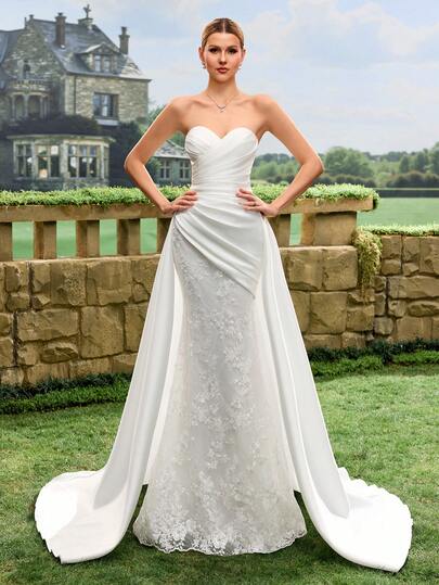 Strapless Satin Wedding Dress, Lace Slit Skirt, White Bridal Gown, Cathedral Wedding Dress, Intimate Wedding Dress
